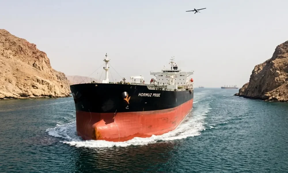 drone strike tanker Strait of Hormuz oil spike crypto