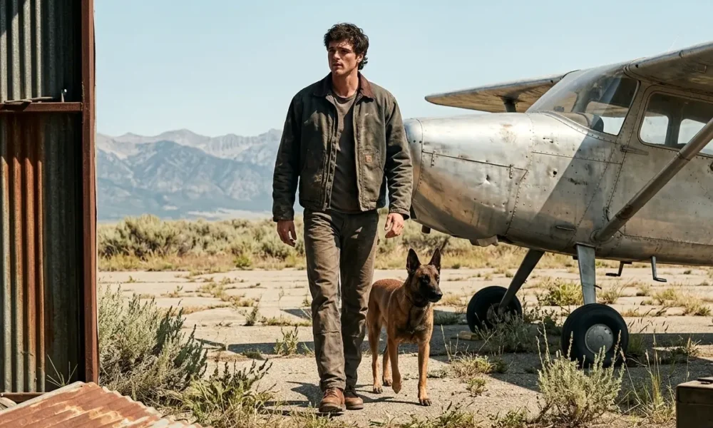 Jacob Elordi as Hig with dog in The Dog Stars movie