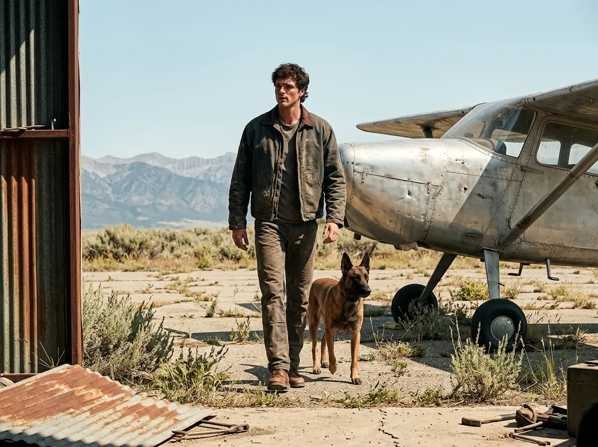 Jacob Elordi as Hig with dog in The Dog Stars movie