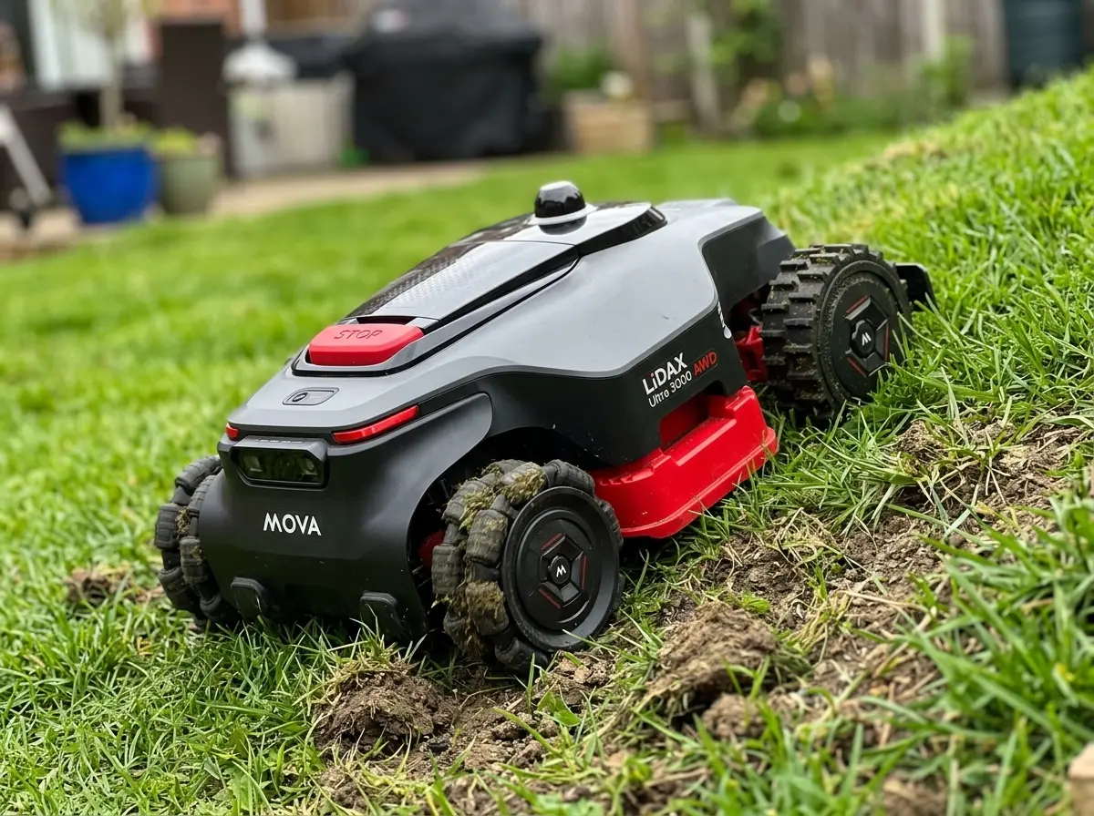 Mova LiDAX Ultra 3000 AWD robot lawn mower on steep slope
