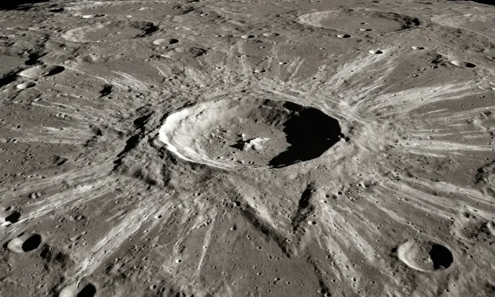 NASA LRO Falcon 9 upper stage crater on Moon surface rays