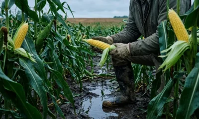 Pro Farmer Crop Tour scouts measuring corn ears in flooded field
