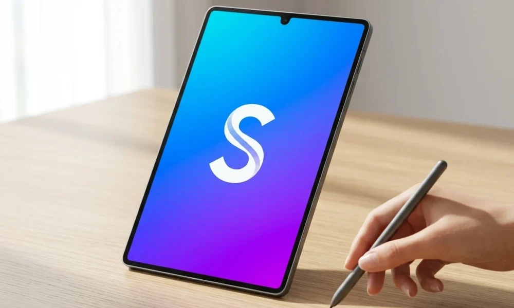 Samsung Galaxy Tab S12 Ultra notch render blue purple wallpaper