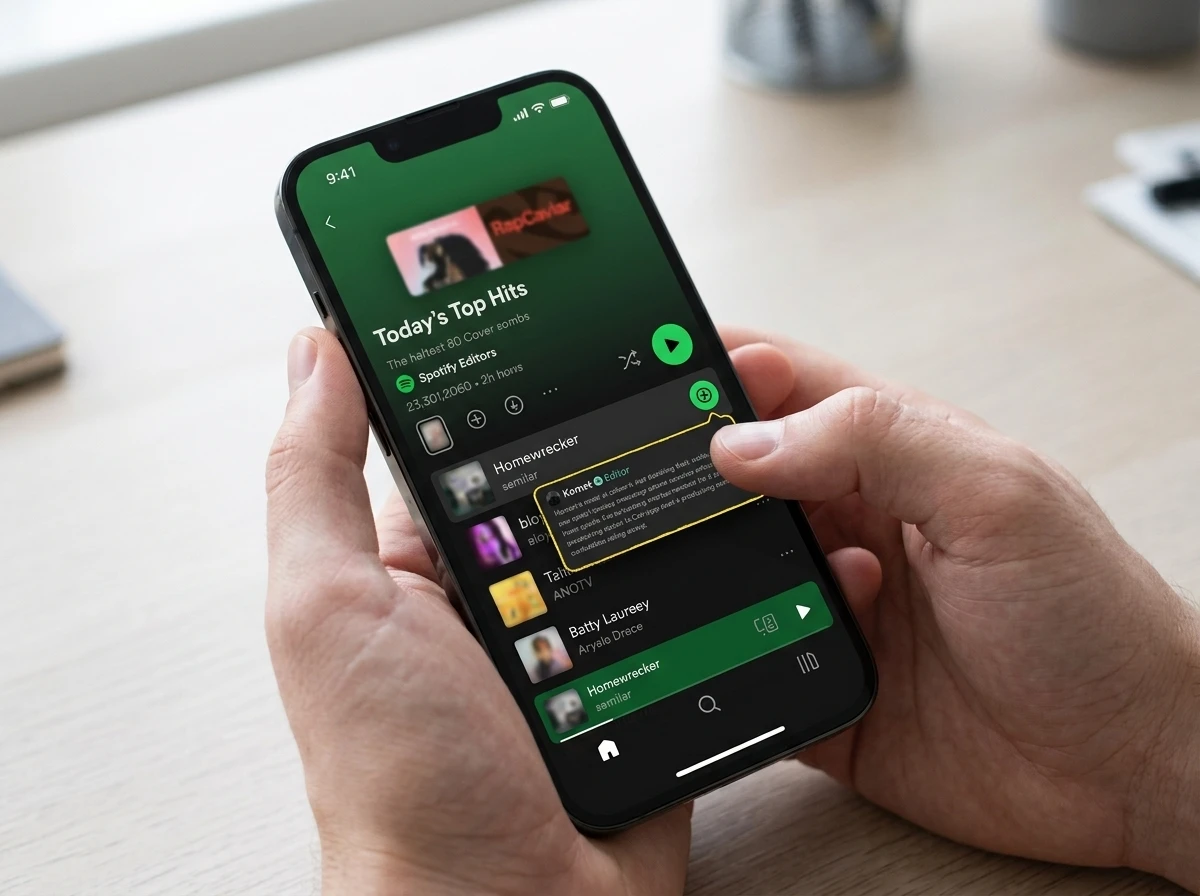 Spotify Playlist Notes feature adding context to tracks on mobile
