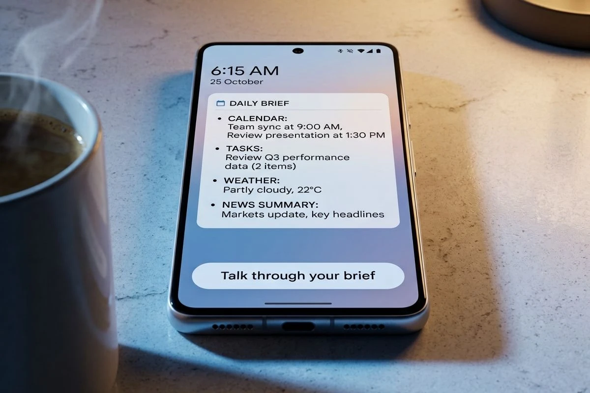 Gemini Daily Brief one tap talk through audio button