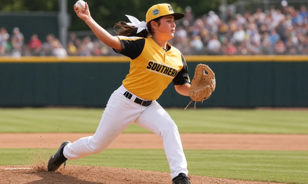 Kinley Rasmus pitching Little League World Series white bow