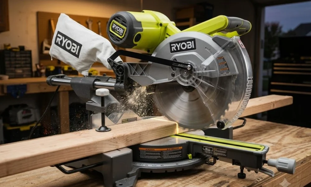 Ryobi TSS121 sliding miter saw cutting workbench lumber