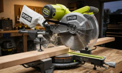 Ryobi TSS121 sliding miter saw cutting workbench lumber