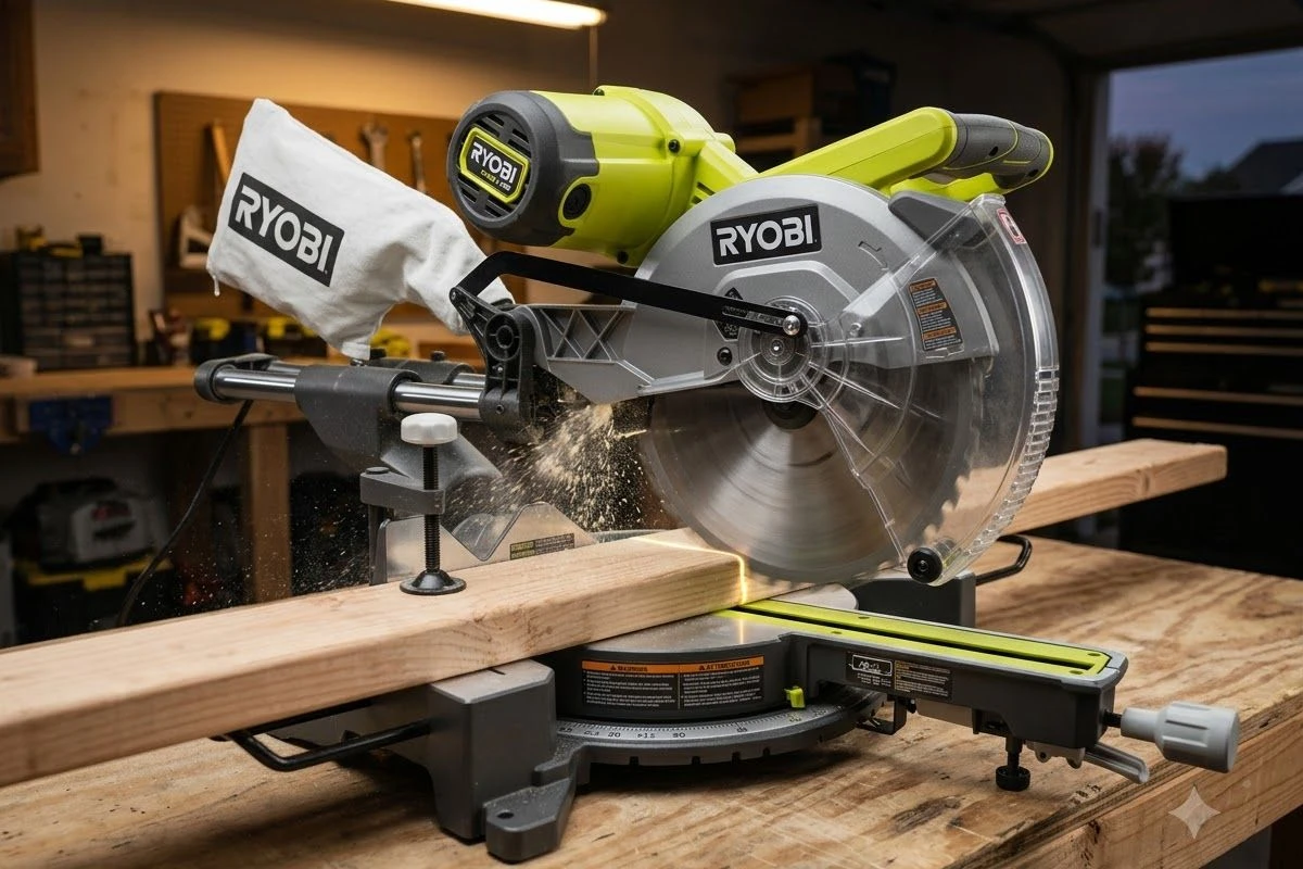 Ryobi TSS121 sliding miter saw cutting workbench lumber